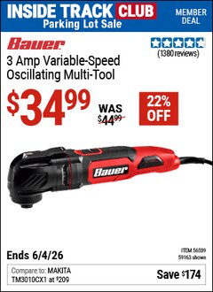 Harbor Freight ITC Coupon BAUER 3 AMP VARIABLE-SPEED OSCILLATING MULTI-TOOL Lot No. 59163/56509 Expired: 6/4/26 - $34.99