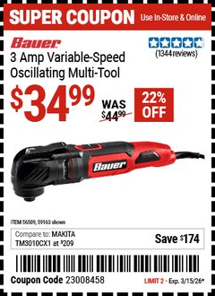 Harbor Freight Coupon BAUER 3 AMP VARIABLE-SPEED OSCILLATING MULTI-TOOL Lot No. 59163/56509 Valid Thru: 3/15/26 - $34.99