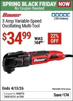 Harbor Freight Coupon BAUER 3 AMP VARIABLE-SPEED OSCILLATING MULTI-TOOL Lot No. 59163/56509 Expired: 4/12/26 - $34.99