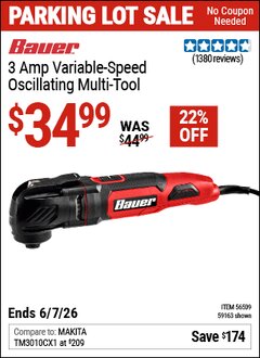 Harbor Freight Coupon BAUER 3 AMP VARIABLE-SPEED OSCILLATING MULTI-TOOL Lot No. 59163/56509 Valid Thru: 6/7/26 - $34.99