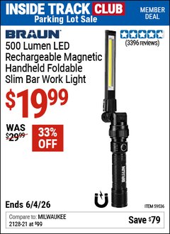 Harbor Freight ITC Coupon BRAUN 500 LUMEN LED RECHARGEABLE MAGNETIC HANDHELD FOLDABLE SLIM BAR WORK LIGHT Lot No. 59536 Expired: 6/4/26 - $19.99