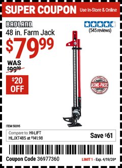 Harbor Freight Coupon BADLAND 48 IN. FARM JACK Lot No. 58395 Valid Thru: 4/19/26 - $79.99