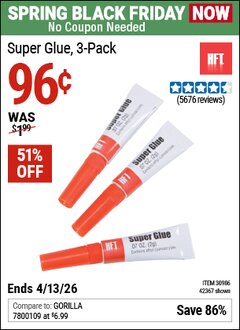 Harbor Freight Coupon HFT SUPER GLUE, 3-PACK Lot No. 42367/30986 Expired: 4/12/26 - $0.96