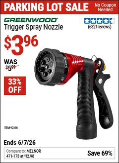 Harbor Freight Coupon GREENWOOD TRIGGER SPRAY NOZZLE Lot No. 92398 Valid Thru: 6/7/26 - $3.96