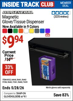 Harbor Freight ITC Coupon U.S. General Magnetic Glove/tissue dispenser Lot No. 64646/57284/56460/56461/56462/56463/69322/72361 Expired: 5/28/26 - $9.94