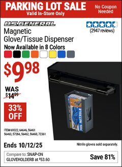 Harbor Freight Coupon U.S. General Magnetic Glove/tissue dispenser Lot No. 64646/57284/56460/56461/56462/56463/69322/72361 Expired: 10/12/25 - $9.98