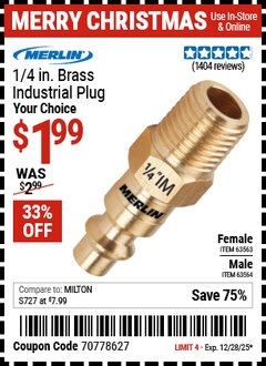 Harbor Freight Coupon MERLIN 1/4 IN. INDUSTRIAL PLUG Lot No. 63563/63564 Expired: 12/28/25 - $1.99
