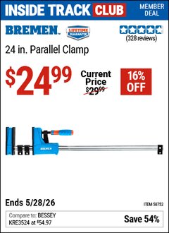 Harbor Freight ITC Coupon BREMEN 24 IN. PARALLEL CLAMP Lot No. 58752 Valid Thru: 5/28/26 - $24.99