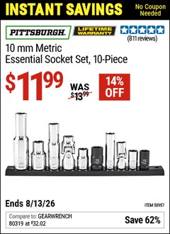 Harbor Freight Coupon PITTSBURGH 10 MM METRIC ESSENTIAL SOCKET SET, 10-PIECE Lot No. 58957 Valid Thru: 8/13/26 - $11.99