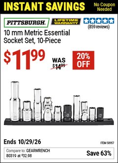Harbor Freight Coupon PITTSBURGH 10 MM METRIC ESSENTIAL SOCKET SET, 10-PIECE Lot No. 58957 EXPIRES: 10/29/26 - $11.99
