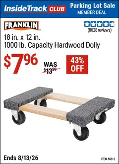 Harbor Freight ITC Coupon FRANKLIN 18 IN. X 12 IN., 1000 LB. CAPACITY HARDWOOD DOLLY Lot No. 63098/93886/61899/63098/57031/56185/57575/57576/61303/58957/58089 Expired: 8/13/26 - $7.96