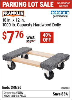 Harbor Freight Coupon FRANKLIN 18 IN. X 12 IN., 1000 LB. CAPACITY HARDWOOD DOLLY Lot No. 63098/93886/61899/63098/57031/56185/57575/57576/61303/58957/58089 Expired: 3/8/26 - $7.76