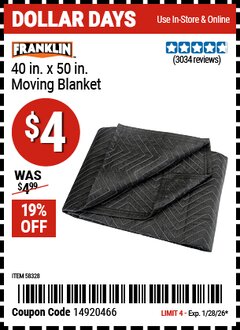 Harbor Freight Coupon FRANKLIN 40 IN. X 50 IN. MOVING BLANKET Lot No. 58328 Expired: 1/28/26 - $4