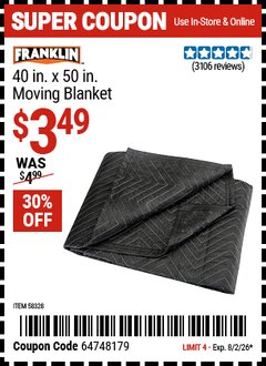 Harbor Freight Coupon FRANKLIN 40 IN. X 50 IN. MOVING BLANKET Lot No. 58328 Valid Thru: 8/2/26 - $3.49