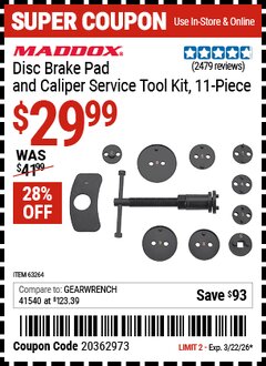 Harbor Freight Coupon MADDOX DISC BRAKE PAD AND CALIPER SERVICE TOOL KIT, 11-PIECE Lot No. 63264 Expired: 3/22/26 - $29.99