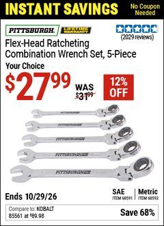 Harbor Freight Coupon PITTSBURGH FLEX-HEAD RATCHETING COMBINATION WRENCH SET, 5-PIECE Lot No. 60591/60592 EXPIRES: 10/29/26 - $27.99