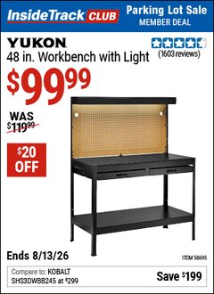 Harbor Freight ITC Coupon YUKON 48 IN. WORKBENCH WITH LIGHT Lot No. 58695 Expired: 8/13/26 - $99.99