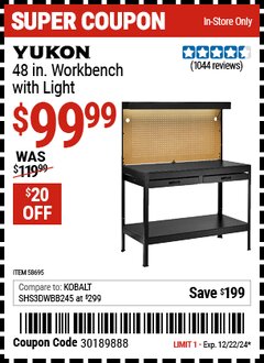 Harbor Freight Coupon YUKON 48 IN. WORKBENCH WITH LIGHT Lot No. 58695 Expired: 12/22/24 - $99.99