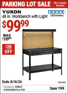 Harbor Freight Coupon YUKON 48 IN. WORKBENCH WITH LIGHT Lot No. 58695 Expired: 8/16/26 - $99.99