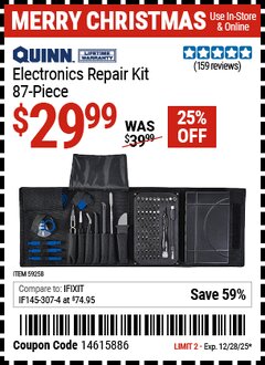 Harbor Freight Coupon QUINN ELECTRONICS REPAIR KIT, 87-PIECE Lot No. 59258 Expired: 12/28/25 - $29.99
