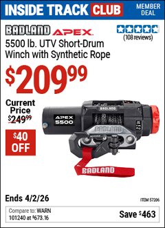 Harbor Freight Coupon BADLAND APEX 5500 LB. UTV SHORT-DRUM WINCH WITH SYNTHETIC ROPE Lot No. 57206 Valid: 12/31/69 - 4/2/26 - $209.99