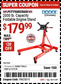 Harbor Freight Coupon PITTSBURGH 2000 LB. CAPACITY FOLDABLE ENGINE STAND Lot No. 59200 Valid Thru: 10/11/26 - $179.99