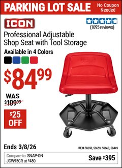 Harbor Freight Coupon ICON PROFESSIONAL ADJUSTABLE SHOP SEAT WITH TOOL STORAGE, RED Lot No. 58449/58658/58659/58660 Expired: 3/8/26 - $84.99