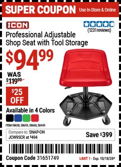 Harbor Freight Coupon ICON PROFESSIONAL ADJUSTABLE SHOP SEAT WITH TOOL STORAGE Lot No. 58449/58658/58659/58660 Expired: 10/18/26 - $94.99