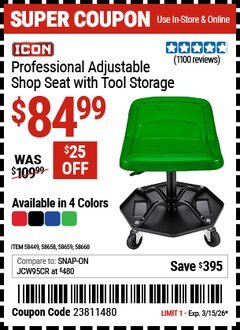 Harbor Freight Coupon ICON PROFESSIONAL ADJUSTABLE SHOP SEAT WITH TOOL STORAGE, RED Lot No. 58449/58658/58659/58660 Expired: 3/15/26 - $84.99