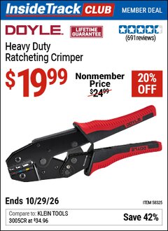 Harbor Freight ITC Coupon DOYLE HEAVY DUTY RATCHETING CRIMPER Lot No. 58325 Dates Valid: 12/31/69 - 10/29/26 - $19.99
