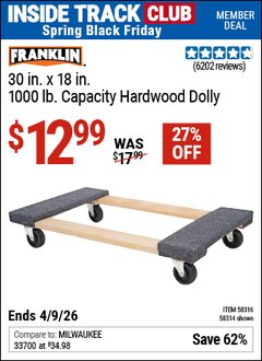 Harbor Freight ITC Coupon FRANKLIN 30 IN. X 18 IN., 1000 LB. CAPACITY HARDWOOD DOLLY Lot No. 58314/58316 Expired: 4/9/26 - $12.99