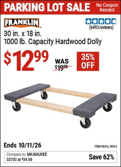 Harbor Freight Coupon FRANKLIN 30 IN. X 18 IN., 1000 LB. CAPACITY HARDWOOD DOLLY Lot No. 58314/58316 Valid Thru: 10/11/26 - $12.99
