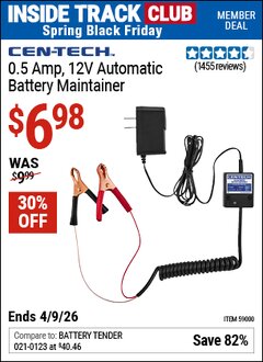 Harbor Freight ITC Coupon CEN-TECH 0.5 AMP, 12V AUTOMATIC BATTERY MAINTAINER Lot No. 59000 Expired: 4/9/26 - $6.98