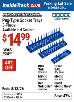 Harbor Freight ITC Coupon U.S. GENERAL PEG-TYPE SOCKET TRAY, 3-PIECE Lot No. 58937/58938/58939/58940/70018/70019 Expired: 8/13/26 - $14.99