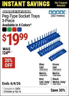 Harbor Freight Coupon U.S. GENERAL PEG-TYPE METRIC SOCKET TRAY, 3-PIECE Lot No. 58937/58938/58939/58940/70018/70019 Valid Thru: 6/4/26 - $19.99