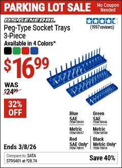 Harbor Freight Coupon U.S. GENERAL PEG-TYPE SOCKET TRAYS Lot No. 58937/58938/58939/58940/70018/70019 Expired: 3/8/26 - $16.99