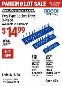 Harbor Freight Coupon U.S. GENERAL PEG-TYPE SOCKET TRAY, 3-PIECE Lot No. 58937/58938/58939/58940/70018/70019 Expired: 8/16/26 - $14.99