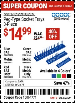 Harbor Freight Coupon U.S. GENERAL PEG-TYPE SOCKET TRAY, 3-PIECE Lot No. 58937/58938/58939/58940/70018/70019 Expired: 8/23/26 - $14.99