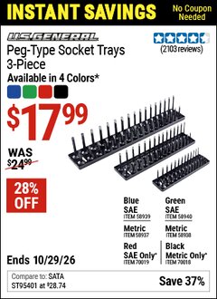 Harbor Freight Coupon U.S. GENERAL PEG-TYPE SOCKET TRAY, 3-PIECE Lot No. 58937/58938/58939/58940/70018/70019 EXPIRES: 10/29/26 - $17.99