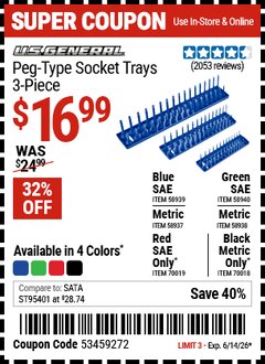 Harbor Freight Coupon U.S. GENERAL PEG-TYPE SOCKET TRAY, 3-PIECE, BLUE Lot No. 58937/58938/58939/58940/70018/70019 Expired: 6/14/26 - $16.99