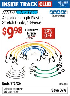 Harbor Freight Coupon HAUL-MASTER ASSORTED LENGTH ELASTIC STRETCH CORDS, 18-PIECE Lot No. 60811 Valid: 12/31/69 - 7/2/26 - $9.98