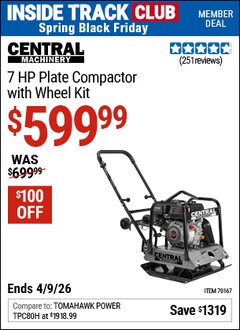 Harbor Freight ITC Coupon CENTRAL MACHINERY 7 HP PLATE COMPACTOR WITH WHEEL KIT Lot No. 70167 Expired: 4/9/26 - $599.99