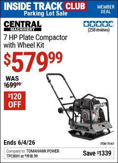 Harbor Freight ITC Coupon CENTRAL MACHINERY 7 HP PLATE COMPACTOR WITH WHEEL KIT Lot No. 70167 Expired: 6/4/26 - $579.99