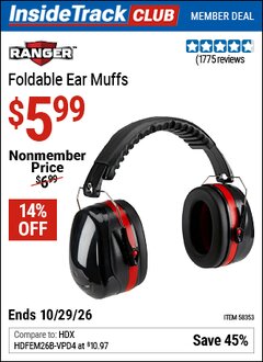 Harbor Freight ITC Coupon RANGER FOLDABLE EAR MUFFS Lot No. 58353 Dates Valid: 12/31/69 - 10/29/26 - $5.99