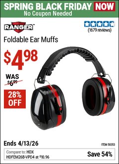 Harbor Freight Coupon RANGER FOLDABLE EAR MUFFS Lot No. 58353 Expired: 4/12/26 - $4.98