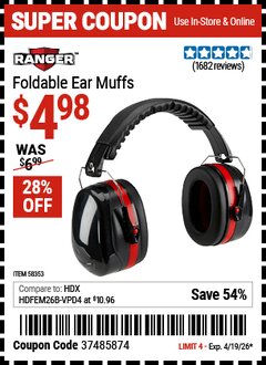 Harbor Freight Coupon RANGER FOLDABLE EAR MUFFS Lot No. 58353 Expired: 4/19/26 - $4.98