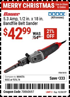 Harbor Freight Coupon BAUER 5.3 AMP, 1/2 IN. X 18 IN. BANDFILE BELT SANDER Lot No. 58155 Expired: 12/28/25 - $42.99
