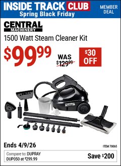 Harbor Freight ITC Coupon CENTRAL MACHINERY 1500 WATT STEAM CLEANER KIT Lot No. 70065 Expired: 4/9/26 - $99.99
