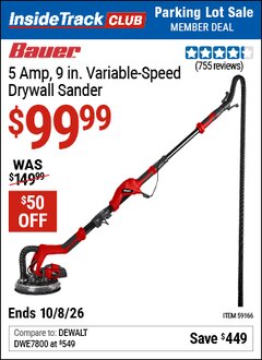 Harbor Freight ITC Coupon BAUER 5 AMP, 9 IN. VARIABLE-SPEED DRYWALL SANDER Lot No. 59166 Expired: 10/8/26 - $99.99