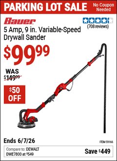 Harbor Freight Coupon BAUER 5 AMP, 9 IN. VARIABLE-SPEED DRYWALL SANDER Lot No. 59166 Valid Thru: 6/7/26 - $99.99